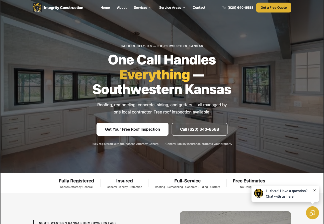 Integrity Construction homepage hero section screenshot