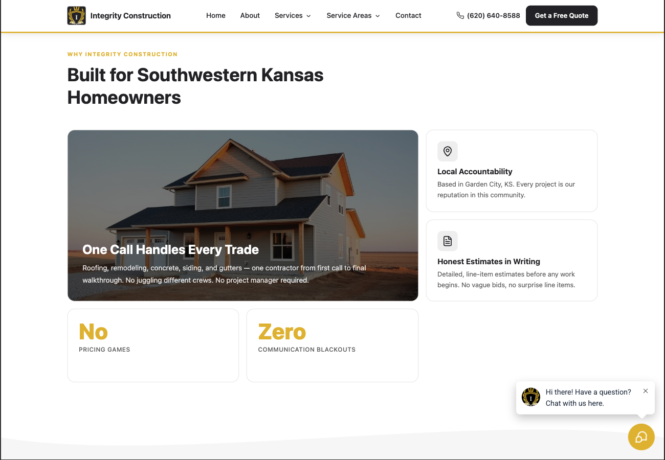 Integrity Construction homeowner trust section screenshot