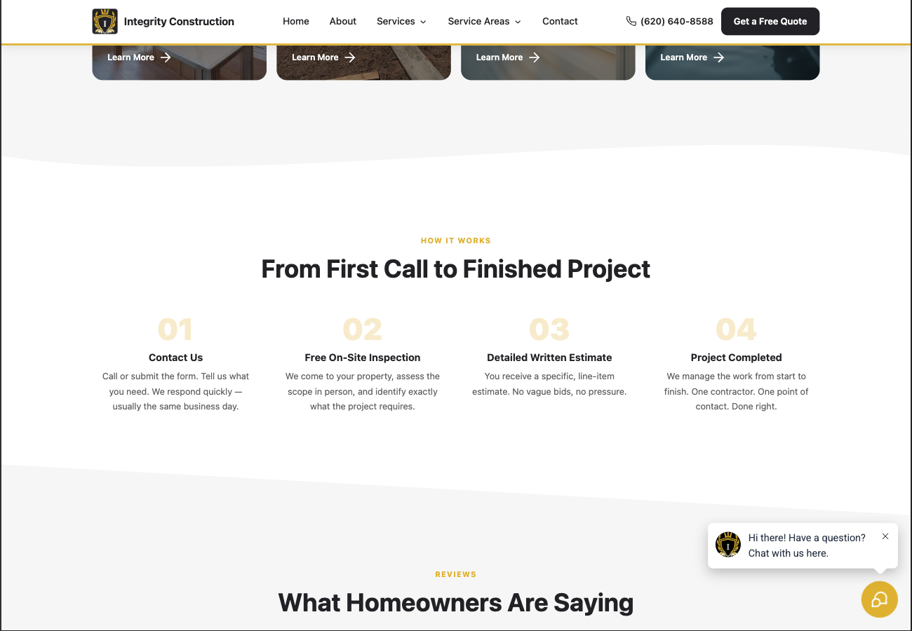Integrity Construction project process section screenshot